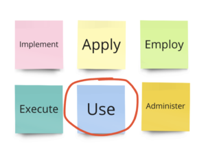 Post it notes with the words 'implement', 'apply', 'employ', 'execute', 'administer' and 'use'. The word 'use' is circled to show a content designer selecting the simplest word.