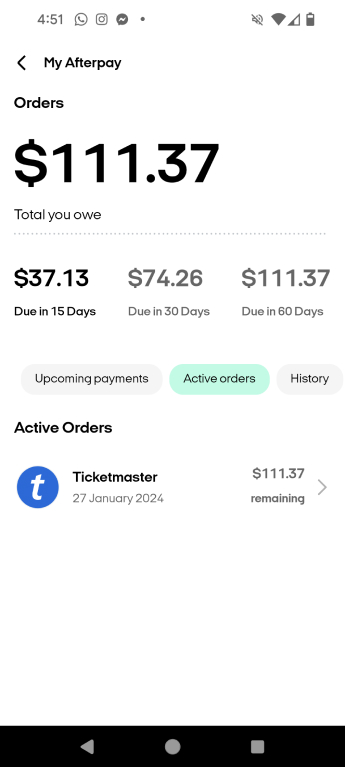 A screen from the Afterpay app which shows the amount due, in how many days, and how much to pay off.