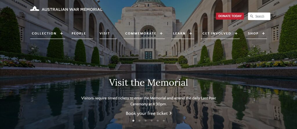 Australian War Memorial website homepage.