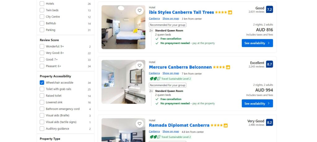 An image of Booking.com's filters which include 'Property Accessibility'. 