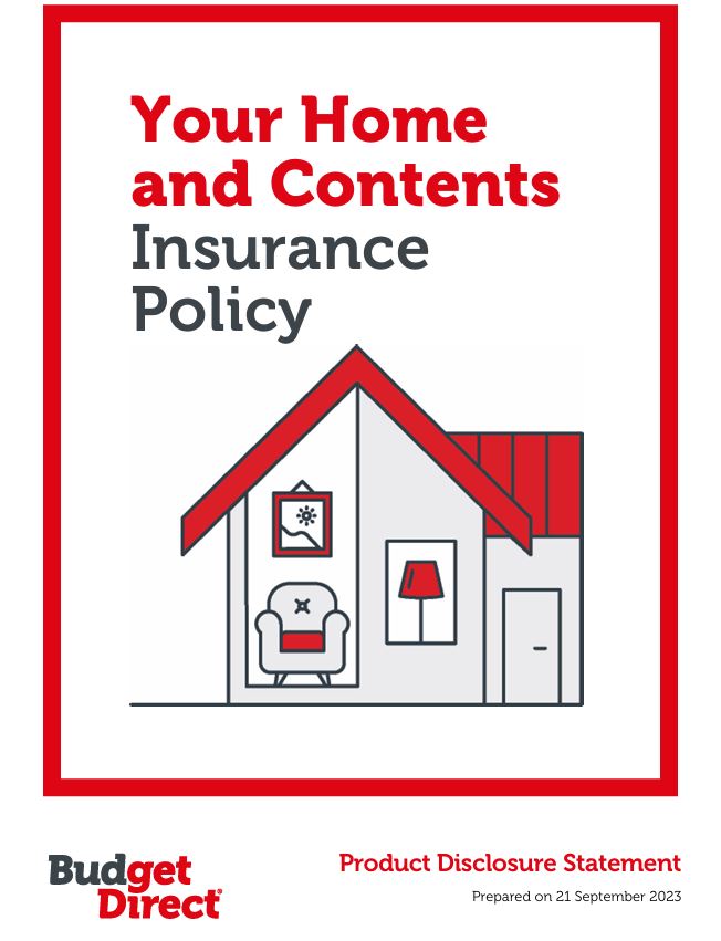 An image of Budget Direct's Home and Contents Insurance Policy Product Disclosure Statement document cover. The iconography is a simple, single-story house. where you can see the contents of it. These include a chair, lamp and artwork hung on the wall.
