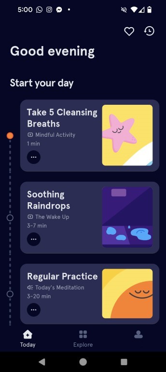 A screen from the Headspace app that suggests relaxation activities. 