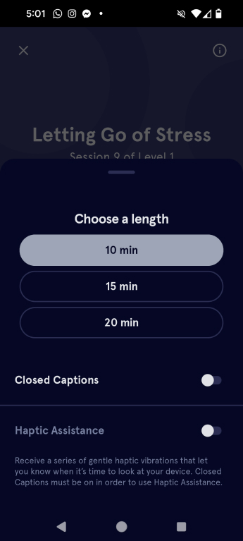 A screen from the Headspace app that allows users to choose their preferences based on needs and environment. This screen shows meditation time duration and options for closed captions and haptic vibrations. 