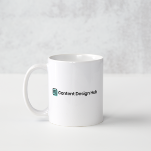 White ceramic mug with the Content Design Hub logo