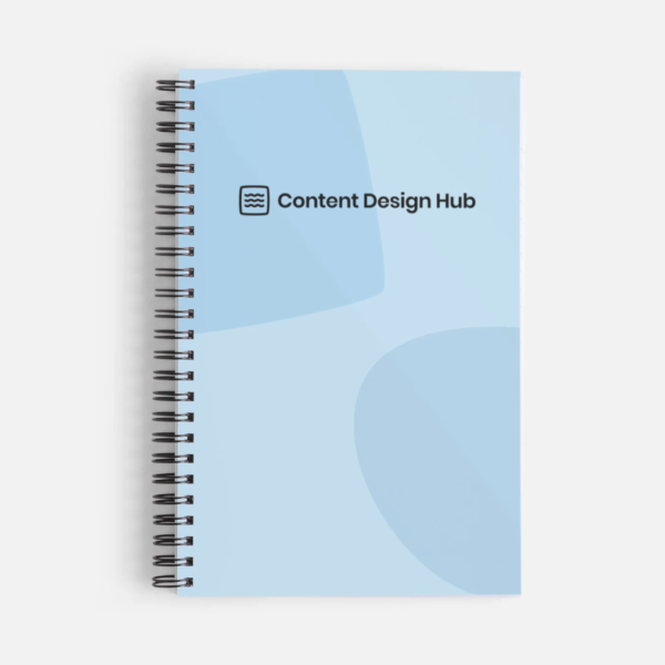 Front cover of a blue spiral-binding notebook with the Content Design Hub logo.