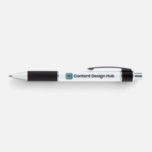 Black grip pen with the Content Design Hub logo